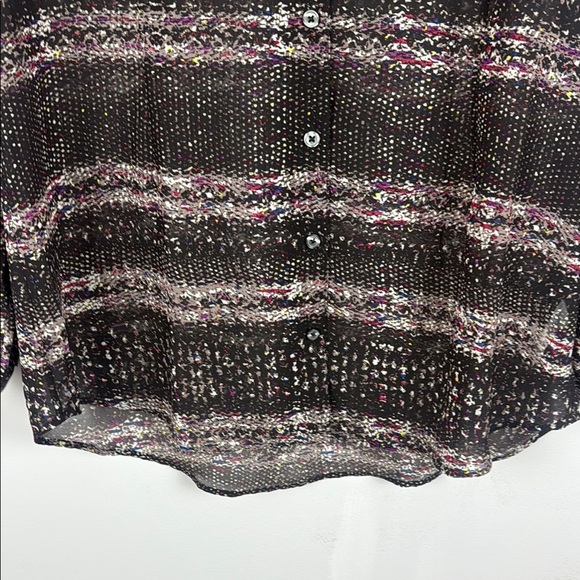 Cabi Crochet Print Black Brown and Cream Buttoned Sheer Paris Blouse Size Large - Picture 9 of 12